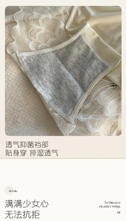 5Pcs Silk underwear, Women's intimate sexy lovely soft ﻿comfortable bowknot silk light thin triangular pants lace splicing