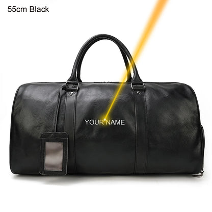 Luxury Genuine Leather Men Women Travel Bag Cow Leather Carry On Luggage Bag Travel Shoulder Bag Male Female Weekend Duffle Bag black(55cm)-laser