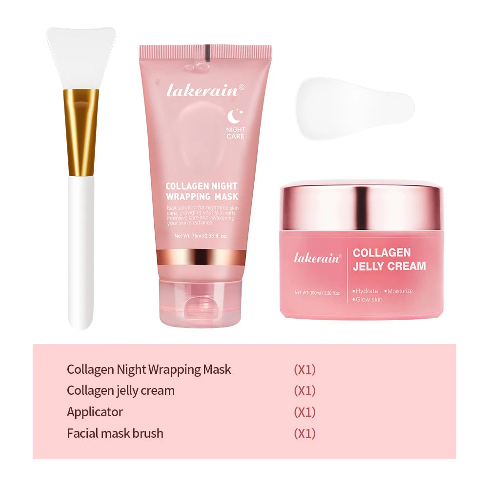 Collagen Jelly Cream Hydrolyzed Collagen Overnight Facial Mask Wrapping Peel-Off Mask Hydrating Firming Moisturizing SkinCare 1set
