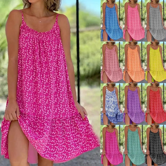 Cross border European and American Summer New Rural Style Big Swing Skirt with Floral Blossoms, Sleeveless Strap, Vest Dress