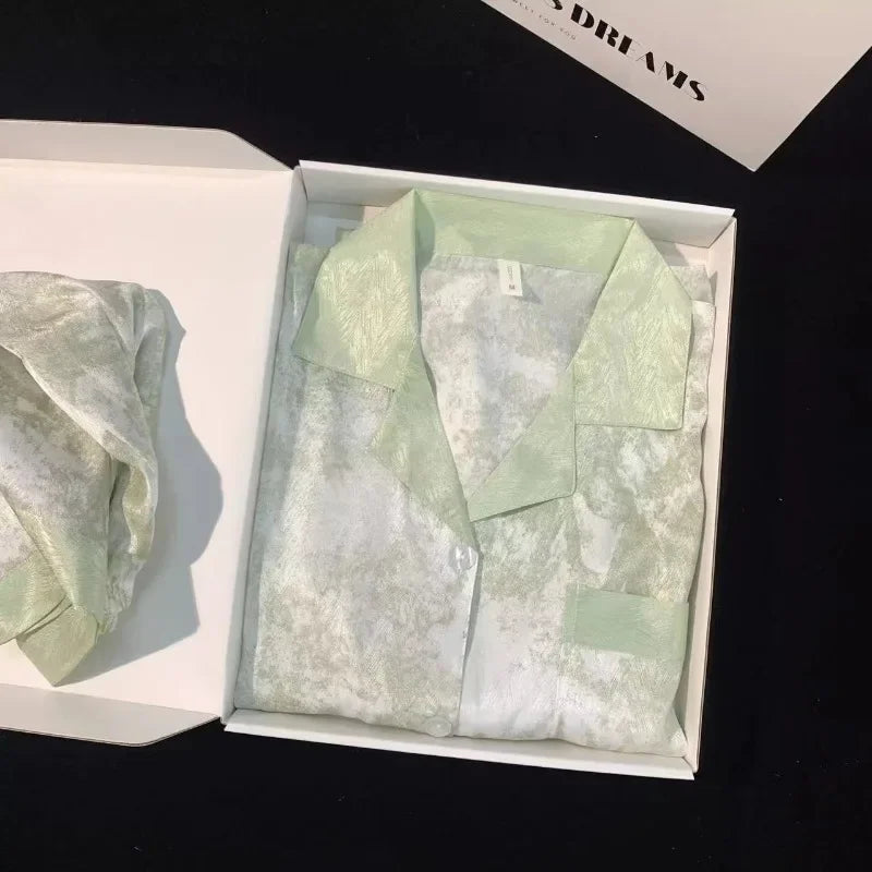 Women's Gray Ink Painting Ice Silk Pajamas Ladies Spring and Autumn Thin Long-Sleeved High-End Sleepwear Loungewear Cherry Print