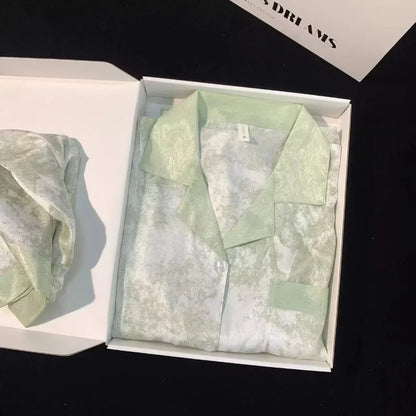 Women's Gray Ink Painting Ice Silk Pajamas Ladies Spring and Autumn Thin Long-Sleeved High-End Sleepwear Loungewear Cherry Print