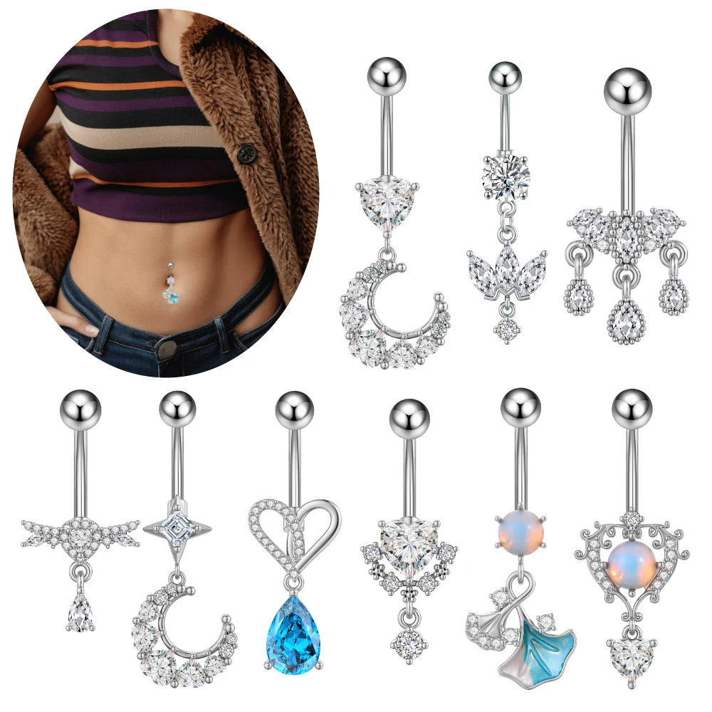 Zircon Crystal Belly Button Ring Dangle Wing Piercing Nombril Ombligo Surgical Steel Barbell Heart Round Navel Stud Body Jewelry
