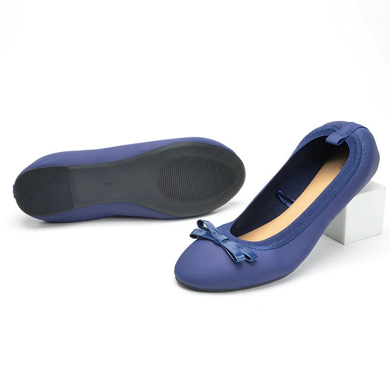 Ballet shoes with bows embellished, flat for commuting casual, soft and foldable soles blue