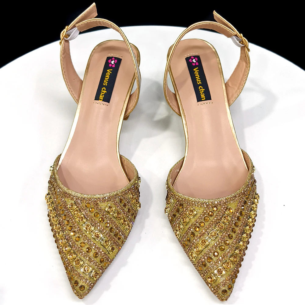 2025 Luxurious Italian Women's Party Shoes & Bag Set – Elegant Golden Rhinestone Spring/Summer Sandals with Pointed High Heels f