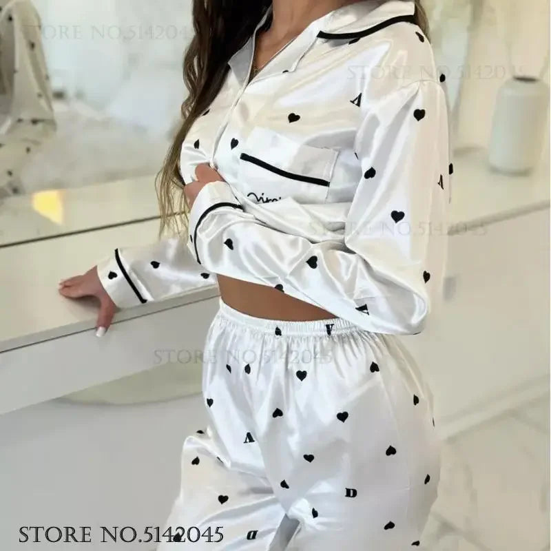 Leopard Print Long Sleeve Pajmaas Set Spring New Silk Satin Sleepwear Home Clothes Loose Casual Home Clothes Trouser Suits