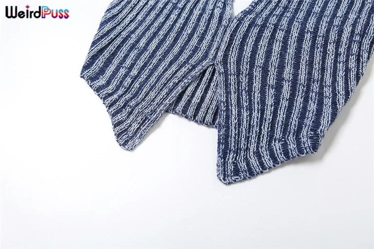 Weird Puss Patchwork Striped Women Casual 2 Piece Set Crochet Halter Low-Neck Vest+Pocket Pants Stretch Skinny Matching Suit Badiee Stylez