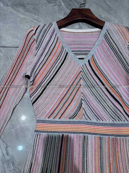 Women V Neck Long Sleeve Bright Silk Color Mosaic Stripe Waist Temperament Long Knitted Dress Badiee Stylez