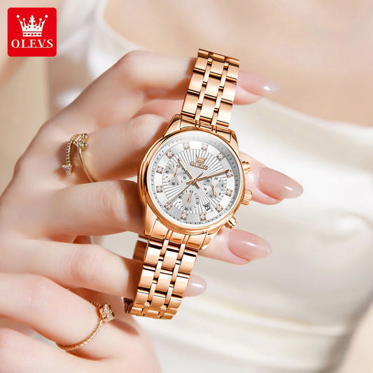 OLEVS 3669 Women Watch Luxury Multifunctional Chronograph Quartz Watch Waterproof Luminous Ladies Watch Box Gifts Bracelet Set