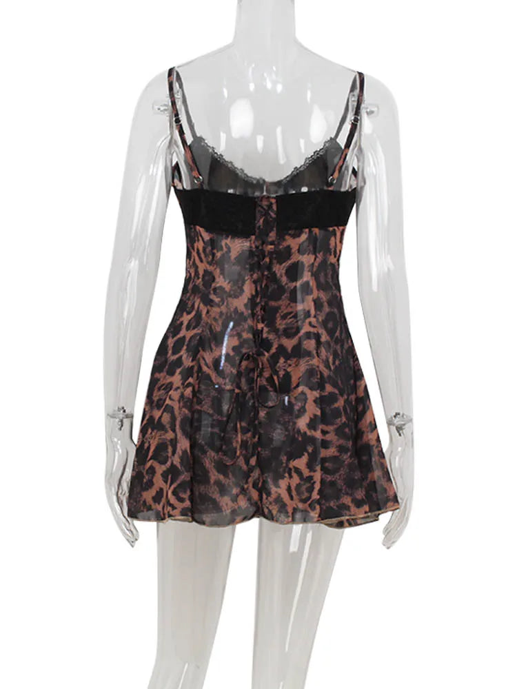 Ahagaga Sexy Leopard Women's Mini Dresses Camisole Sleeveless V-Neck Slim Fit Lace Bows Blackless Streetwear Bodycon Vestidos