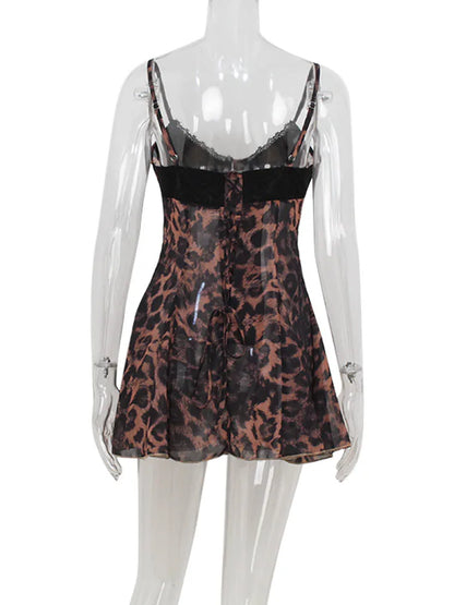 Ahagaga Sexy Leopard Women's Mini Dresses Camisole Sleeveless V-Neck Slim Fit Lace Bows Blackless Streetwear Bodycon Vestidos