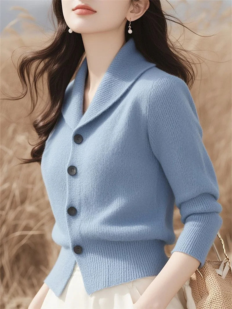 2025 New Spring Autumn Turndown Collar High End Women Knitt Cardigan Sweater Fashion Korean Version Female Knitwear Tops Jacket