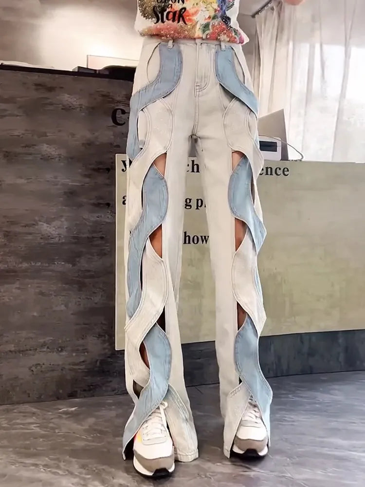 VGH Crisscross Hit Color Streetwear Denim Trousers For Women High Waist Patchwork Pockets Hollow Out Split Pants Female 2024
