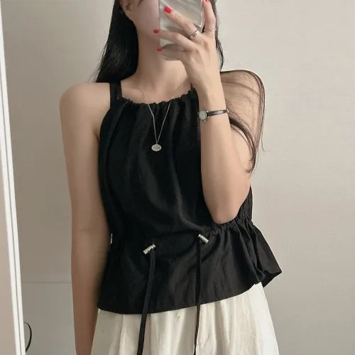 Faionable Dstring Waist Vest Spring Summer Dongda Gate Sle Trendy Belted Crop Top Women's Busin Casual ort Sve One size fits all Black