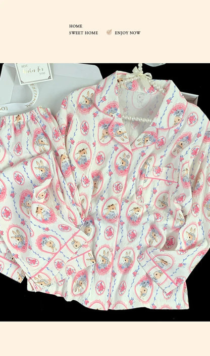 Spring and Autumn Women's New Cloud Cotton Pajamas Homewear Set Students Sweet Printing Long Sleeves Long Pants Pajamas Homewear