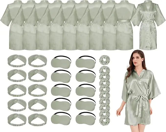 10 Pack Bridal Party Bride Spa Robes with Eye Masks Headband Hair Ties for Wedding Getting Ready Robes Light Green One Size
