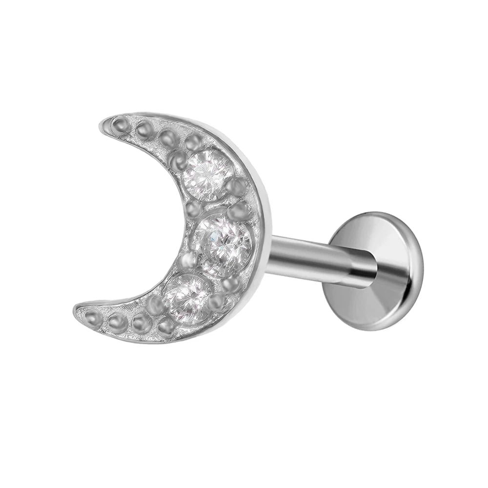 Moon Flat Back Earrings Star Labret Piercing Tragus Heart Internal Thread Cartilage Helix 100% 316L Stainless steel Body Jewelry Badiee Stylez
