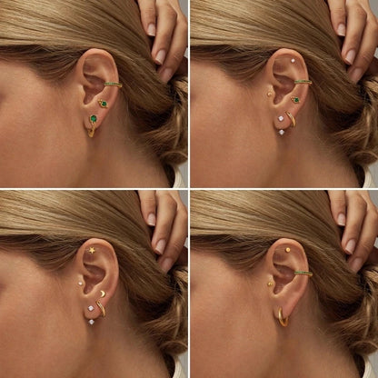 20pcs Stainless Steel Delicate Comfortable Green Gemstone Flat Back Earring Set,Hypoallergenic Small Hoop Earrings Jewelry Gifts