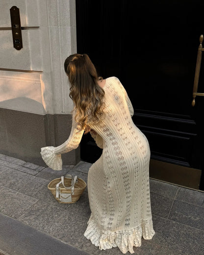 DSMTRC 2025 Holiday Knitted See-throught Cardigan Dress V Neck Long Flare Sleeves Leisure Long Trendy Single Breasted Autumn