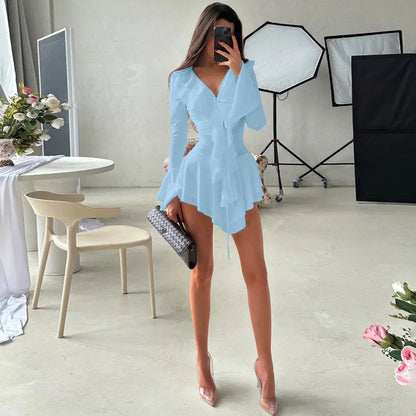 2025 New Autumn Irregular Hem Dress Women Y2K Flare Sleeve V-Neck Bandage Stretch Elegant Birthday Party Chic Hipster Bodycon Badiee Stylez