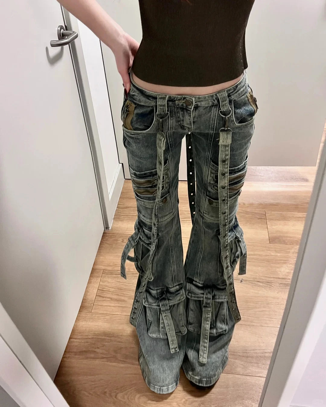 Women Abi Harajuku Y2K Streetwear Pantalones Low Rise Denim Goblin Core Flare Cargo Pants Jean Bell-Bottom Japanese Long Trouser