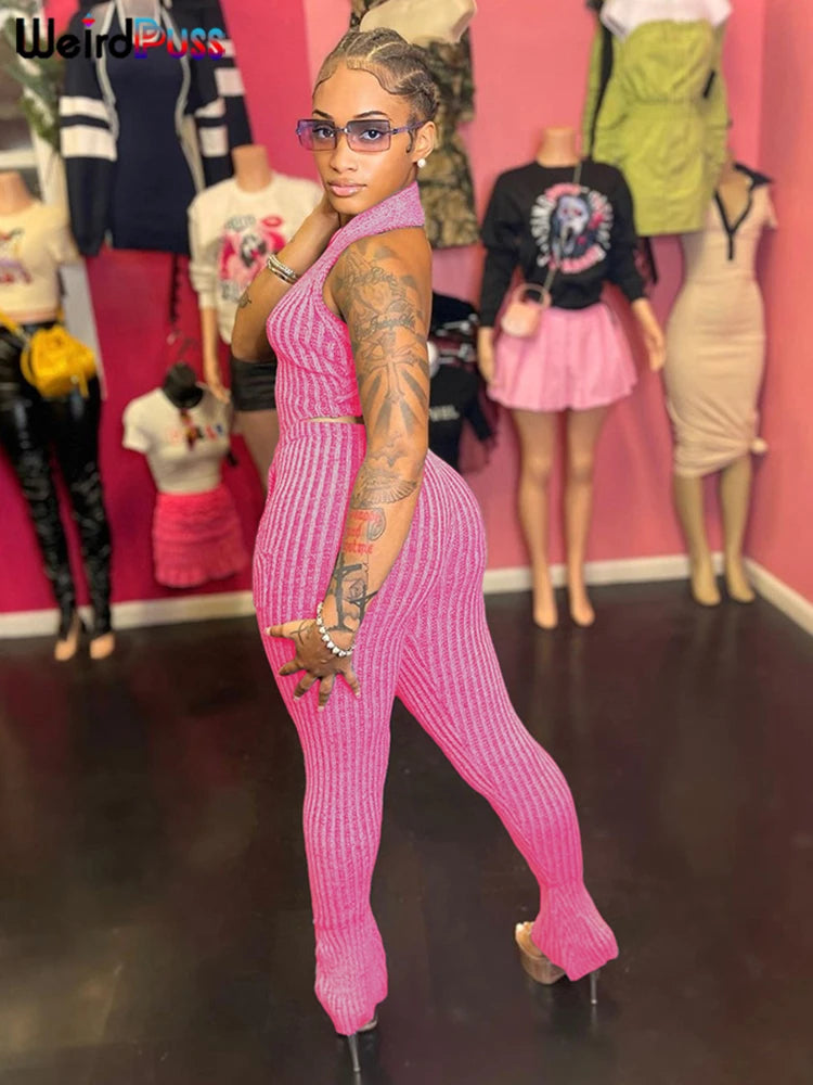 Weird Puss Patchwork Striped Women Casual 2 Piece Set Crochet Halter Low-Neck Vest+Pocket Pants Stretch Skinny Matching Suit Badiee Stylez