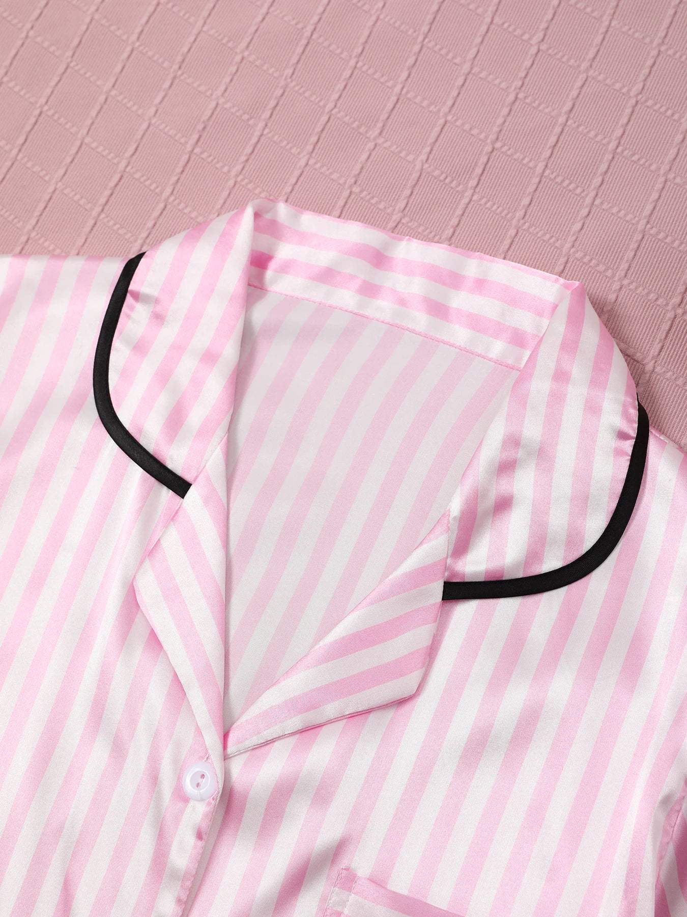 Satin Silk Women Pajamas Set Short-Sleeved Student Homewear Two-Piece Cardigan Lapel Senior Sense of Pink Striped Large Size