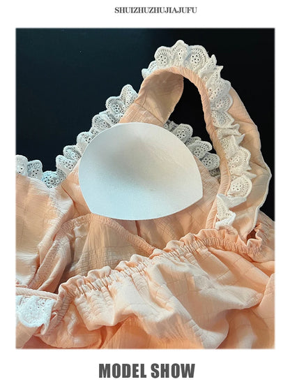 Summer Sexy Strap Spwear Women's ort Pants Loose Fit Home Clothes Set with Chest Pad 2024 New Tread Cotton Thin Woven