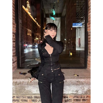 Deeptown Y2k Black Sexy Shirts Women V Neck Coquette Harajuku American Vintage Zip Up Blouse Slim Gyaru Cardigan Streetwear