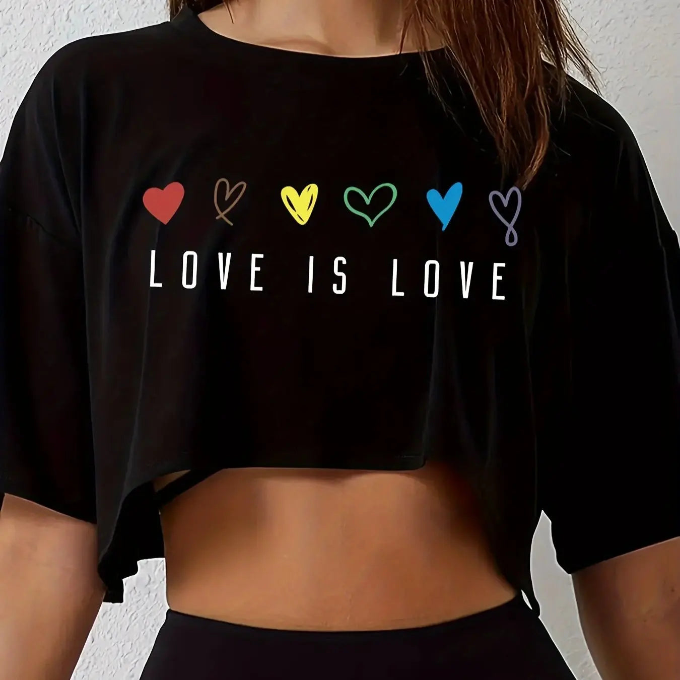 Womens Vibrant Pride Crop Top T-Shirt - Short Length Casual Loose Fit Breathable Medium Stretch Polyester Colorful Heart H768-Black-luqi