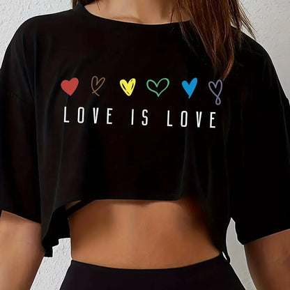 Womens Vibrant Pride Crop Top T-Shirt - Short Length Casual Loose Fit Breathable Medium Stretch Polyester Colorful Heart H768-Black-luqi