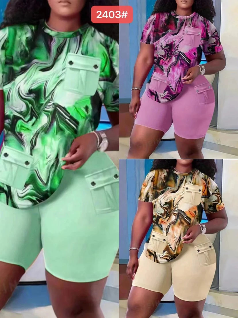 Two Piece Sets Women Short Pant Set Print Round Neck Casual Tops Sheath High Waist Shorts Pants Casual Slim Fit Summer