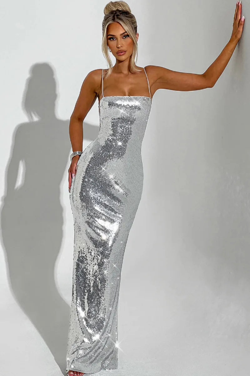 Sexy Sequin Backless Bandage Long Dress Women's Shiny Sleeveless Luxury Silver Dresses Evening Prom Party Birthday Gold Cocktail Silver