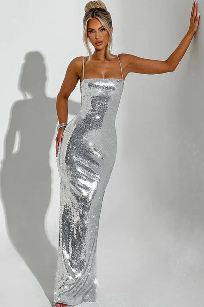 Sexy Sequin Backless Bandage Long Dress Women's Shiny Sleeveless Luxury Silver Dresses Evening Prom Party Birthday Gold Cocktail Silver