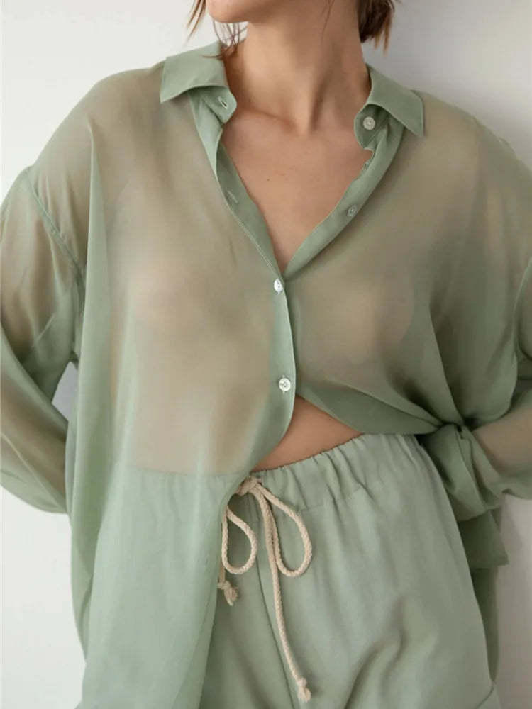 Womens Transparent Shirts Y2k Long Sleeve Lapel Button Down T-shirt Beach Cover Up Sexy Tops and Blouses Female Smock green