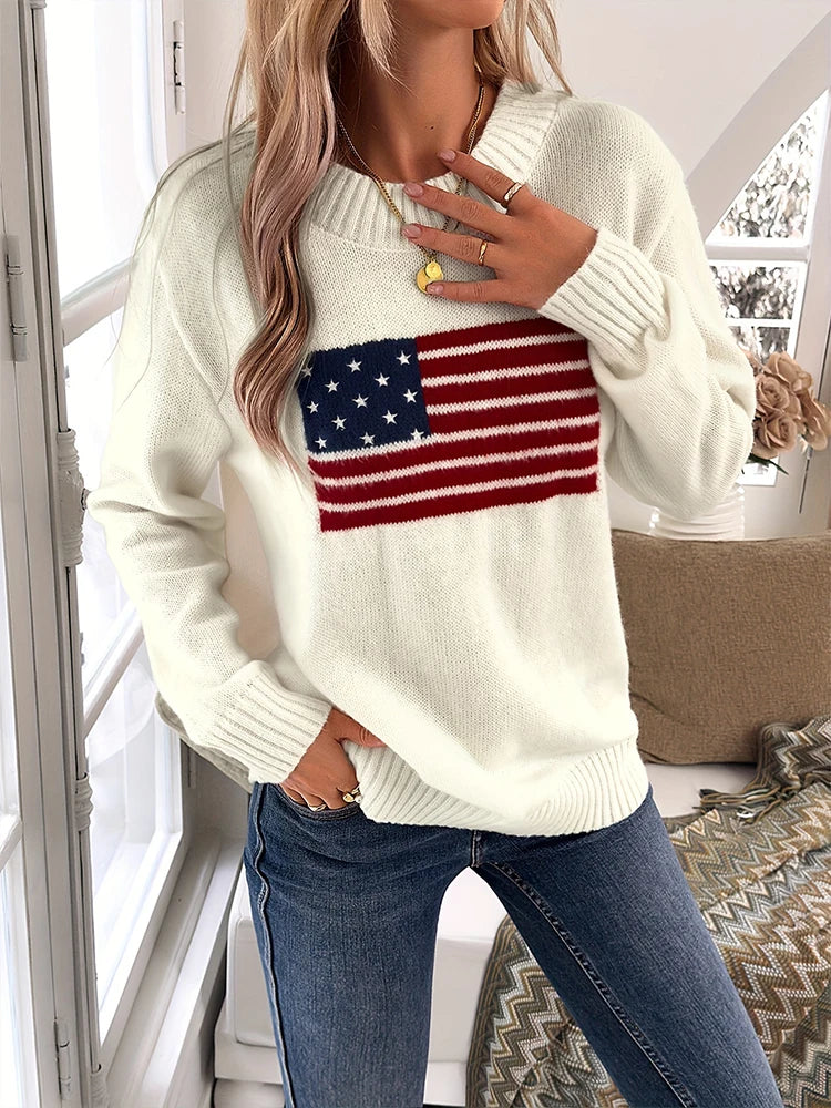 Plus Size Women Fashionable Loose Casual All-Match Sweater With Flag Print Flag Graphic Long Sleeve Sweater Knit