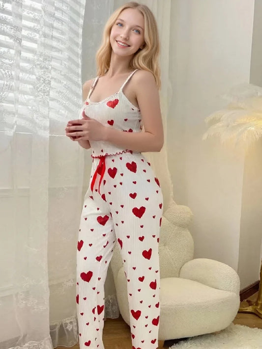 Casual Women's Pajamas Set White Red Love Printing Soft Short Vest And Bow Trim Long Pants Summer Sexy Lingerie Homewear Suit