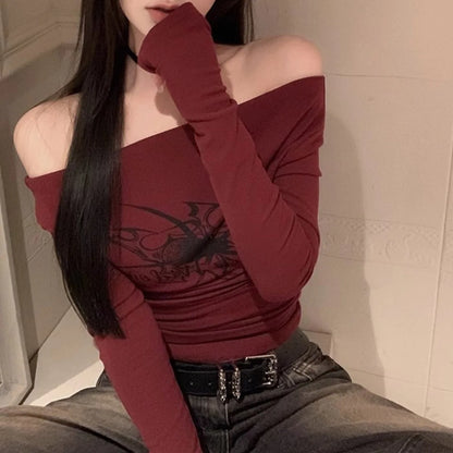 Gothic Print Grunge T-Shirts Women Long Sleeve Off the Shoulders Tops Y2K Clothes Streetwear Shirt Korean Style Vintage Crop Top