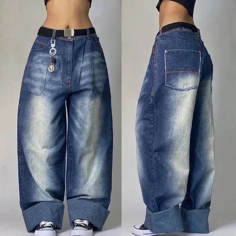 2000s Baggy Jeans Women New Harajuku Hip Hop Wing Print Oversized Jeans Gothic High Waist Wide Leg Pants Men Trousers Streetwear Badiee Stylez