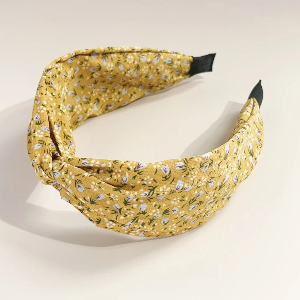 Bohemian Floral Cross Headband Women Wide Bands Hair Hoop Styling Tool Fabric Flower Print Vintage Headwear Accessories Summer Yellow