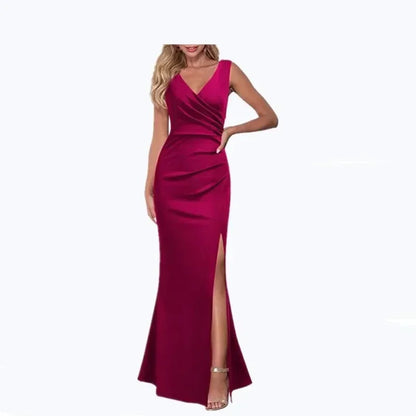 Women's V-neck Sleeveless Maxi Dress Summer Party Dance Slim Side Slit Evening Dress Sexy Backless Elegant Long Dress Partywear Rose Red