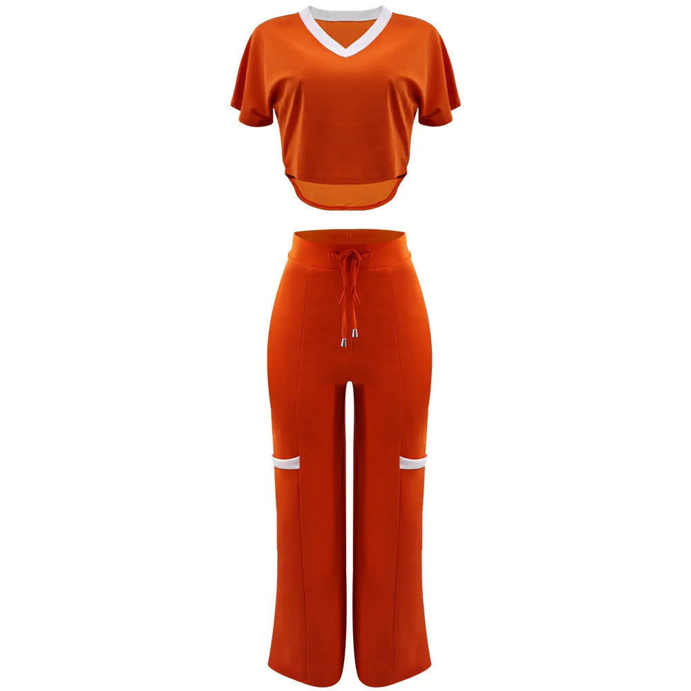 Elegant Women's Casual Short Sleeve T-shirt Sports Suit Summer Fashion Solid V Neck Short Top & Straight Pants Two Piece Sets