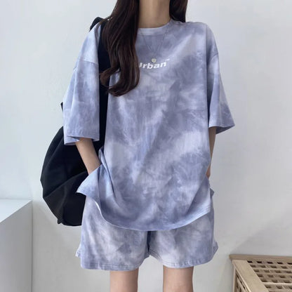 2Piece Suit Women T-Shirt Shorts Set Tie Dye Loose tshirt and wide leg middle shorts with pockets female Casual Soft Summer Sets Blue