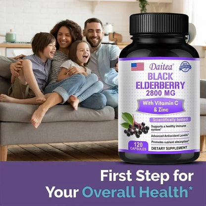 Black Elderberry 2800 Mg - with Vitamin C and Zinc, Immune System Support, Antioxidant Supplement, Skin Health Benefits