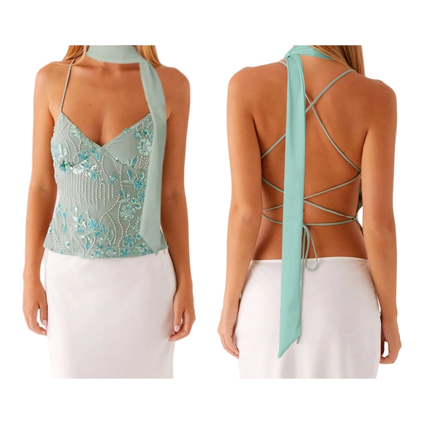 Combhasaki Women Summer Sleeveless Beading Camis Top V-neck Tie-up Cross Backless Pearl Glitter Sequin Flower Embroideried Vest Green with Scarf
