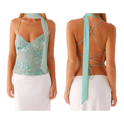 Combhasaki Women Summer Sleeveless Beading Camis Top V-neck Tie-up Cross Backless Pearl Glitter Sequin Flower Embroideried Vest Green with Scarf