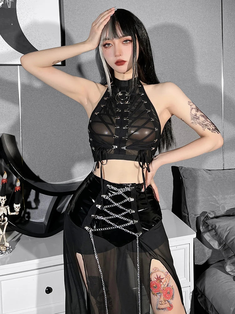 Gothic Punk Ring Halter Top Bodycon Lace Up Crop Bandage Tank Tops Y2k Mesh T Shirt Exotic Vest Sexy Hollow Out Backless Caims