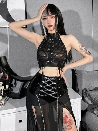 Gothic Punk Ring Halter Top Bodycon Lace Up Crop Bandage Tank Tops Y2k Mesh T Shirt Exotic Vest Sexy Hollow Out Backless Caims