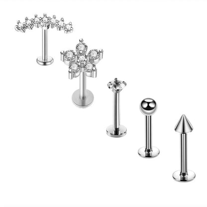 5PCS Flower Tragus Piercing Set Flat Back Cz Cartilage Stud Earring Helix Jewelry Conch Rook Stud Lot Labret Lip Piercing Bulk 5PCS Set20