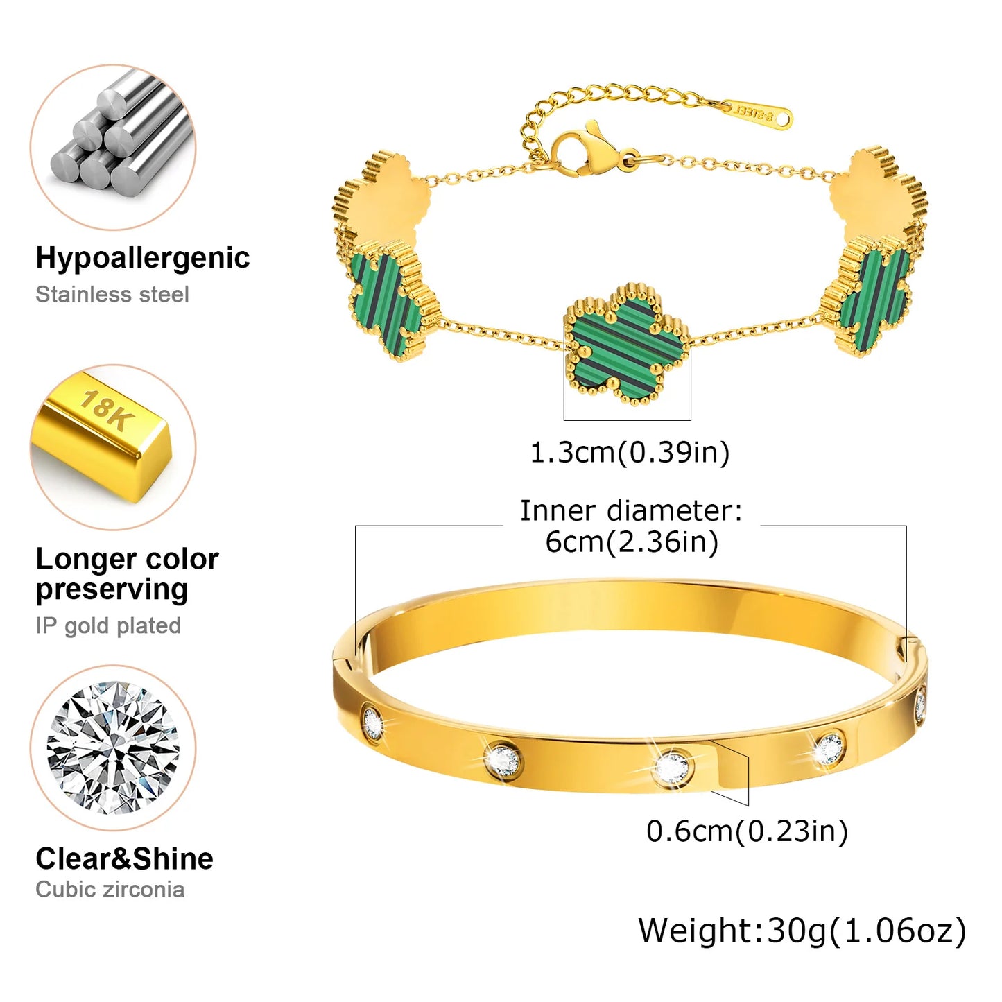 Vnox Exquisite 13mm Clover Bracelet Set for Women, Love Gift Bracelets for Wife Mothers Day Jewelry, Stainless Steel Cuff Bangle Badiee Stylez
